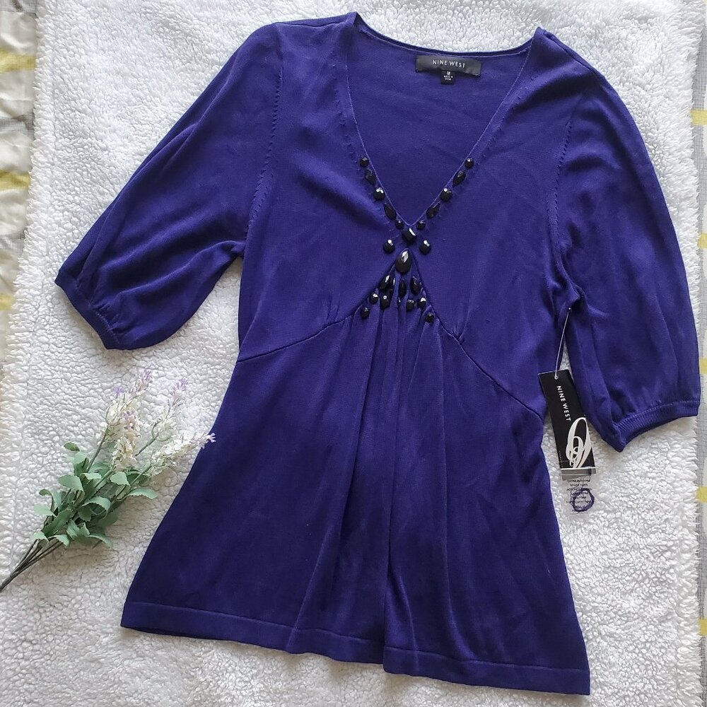 Nine West - Women's sweater top 3/4 Sleeves with jeweled Size M Amethyst - Picture 7 of 9